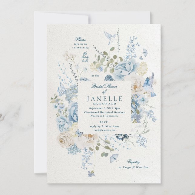 Cotswolds Blue Winter Florals Bridal Shower Invitation (Front)