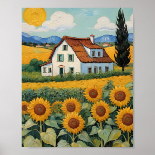 Cottage amidst Sunflower Fields Poster