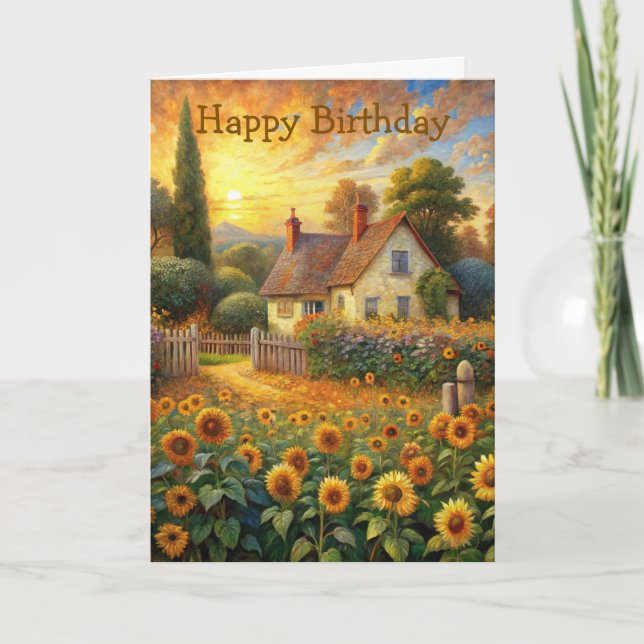 Cottage and Sunflowers Birthday Card (Front)