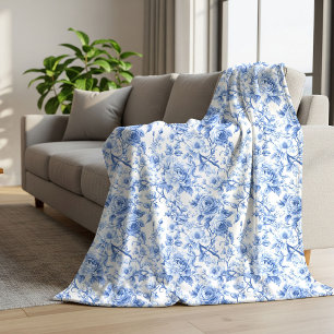 Cottage Blue French Toile Roses Floral Blanket