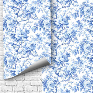 Cottage Blue French Toile Roses Floral Wallpaper