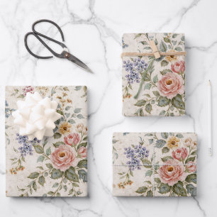 Cottage Blush Blue Floral Pattern Wrapping Paper Sheet
