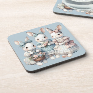 Cottage Bunny Sisters Watercolor Illustration Coaster