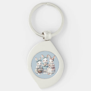 Cottage Bunny Sisters Watercolor Illustration Key Ring