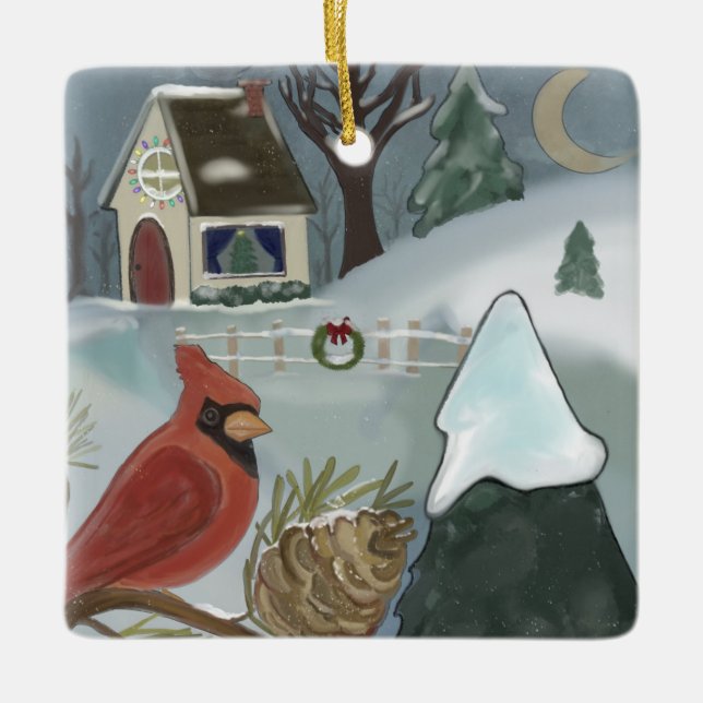 Cottage Cardinal Christmas Ceramic Ornament (Front)