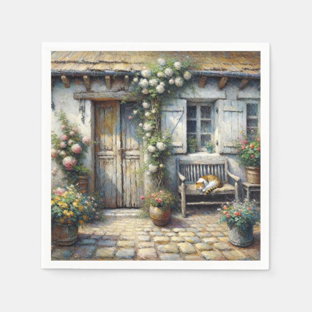 Cottage Cat On Wooden Bench Napkin (Front)