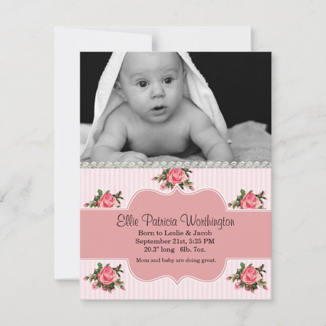 Cottage Chic Baby Girl Birth Announcement (Front)