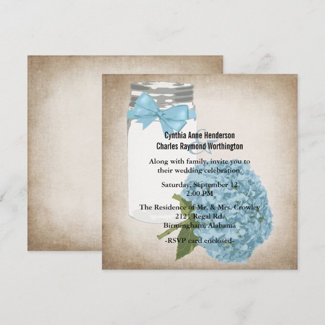 Cottage Chic Hydrangea and Mason Jar Wedding Invitation (Front/Back)