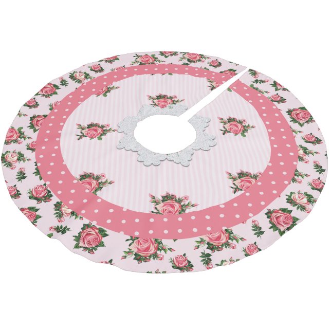 Cottage Chic Pink Roses Christmas Tree Skirt (Angled)