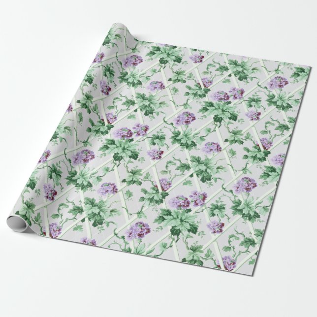 Cottage Chic Purple Hydrangeas on Trellis Wrapping Paper (Unrolled)