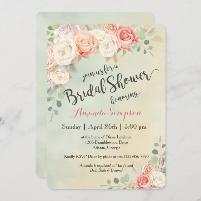Cottage Chic Vintage Roses Bridal Shower Invitation (Front/Back)