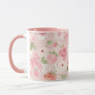 Cottage core + Coquette Strawberry and Flowers Mug