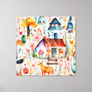 Cottage core floral countryside animals houses canvas print