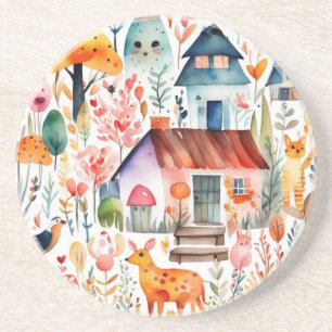 Cottage core floral countryside animals houses coaster