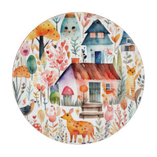 Cottage core floral countryside animals houses  cutting board