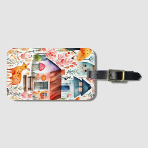 Cottage core floral countryside animals houses  luggage tag