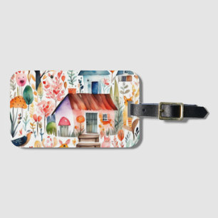 Cottage core floral countryside animals houses  luggage tag