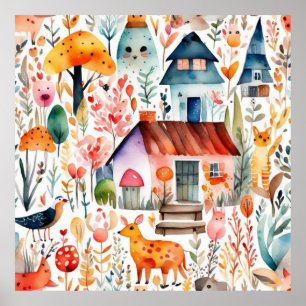 Cottage core floral countryside animals houses poster