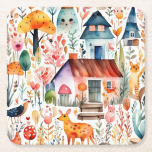 Cottage core floral countryside animals houses square paper coaster