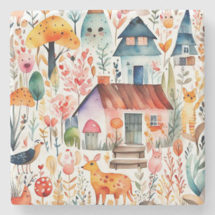 Cottage core floral countryside animals houses stone coaster