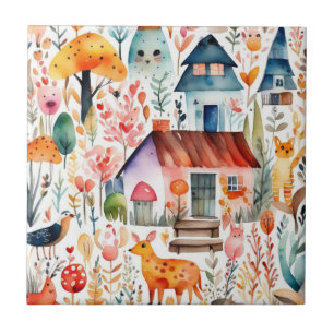 Cottage core floral countryside animals houses  tile