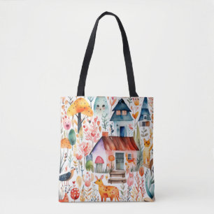 Cottage core floral countryside animals houses tote bag