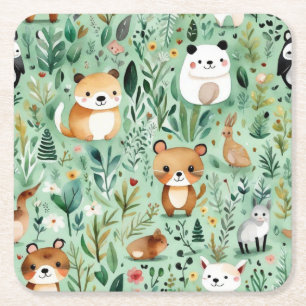 Cottage core floral countryside green decor square paper coaster