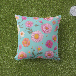 Cottage core floral white daisies pink flowers cushion