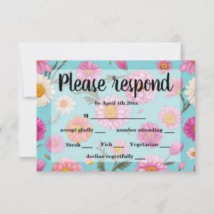Cottage core floral white daisies pink flowers RSVP card