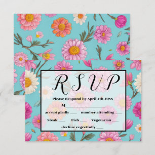Cottage core floral white daisies pink flowers RSVP card