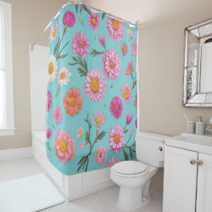 Cottage core floral white daisies pink flowers shower curtain