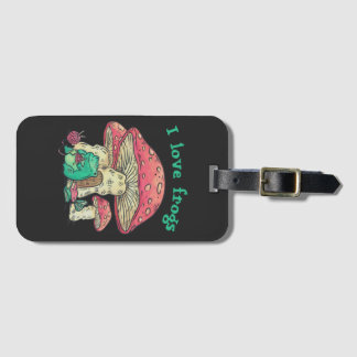 Cottage Core Frog Knitting under Mushroom Luggage Tag