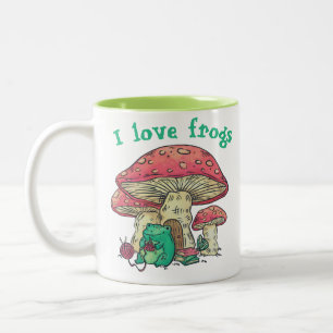 Cottage Core Frog Knitting under Mushroom  Two-Tone Coffee Mug