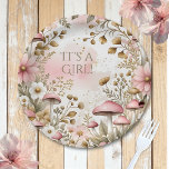 Cottage Core Mushrooms and Flowers | It's a Girl Paper Plate<br><div class="desc">A pretty pink and gold cottage core flowers and mushrooms paper plate for a baby shower with text that says,  "it's a girl."</div>
