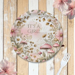 Cottage Core Mushrooms and Flowers | It's a Girl Paper Plate<br><div class="desc">A pretty pink and gold cottage core flowers and mushrooms paper plate for a baby shower with text that says,  "it's a girl."</div>