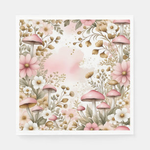 Cottage Core Mushrooms and Flowers Pink and Gold Napkin