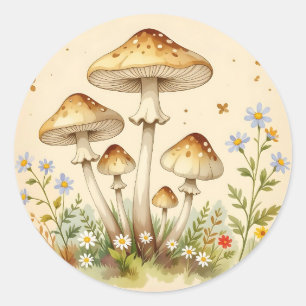Cottage Core Vintage Mushrooms and Flowers Classic Round Sticker