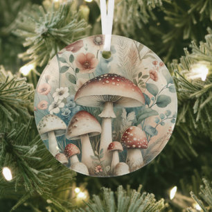 Cottage Core   Vintage Mushrooms and Flowers  Glass Tree Decoration