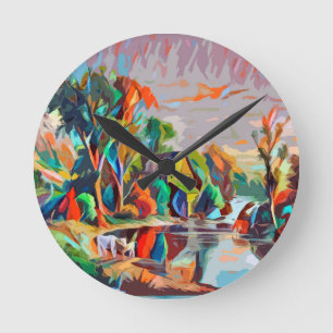 Cottage Cows Pond Landscape Abstract Art Round Clock