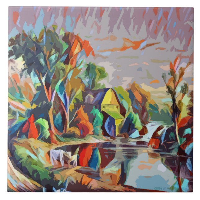 Cottage Cows Pond Landscape Abstract Art  Tile (Front)