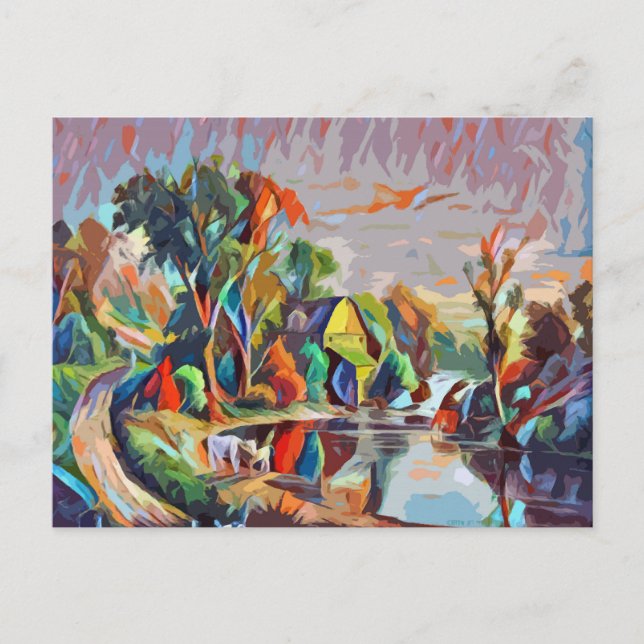 Cottage Cows Pond Landscape Abstract colourful Art Postcard (Front)