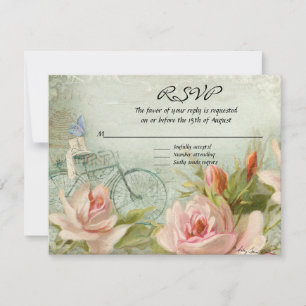 Cottage Floral Bicycle Roses Vintage Wood RSVP Card