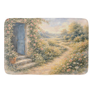 Cottage Garden Blue Door Floral Path Scene Bath Mat