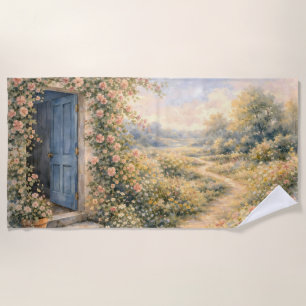 Cottage Garden Blue Door Floral Path Scene Beach Towel