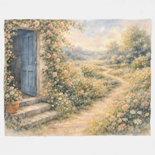 Cottage Garden Blue Door Floral Path Scene Fleece Blanket