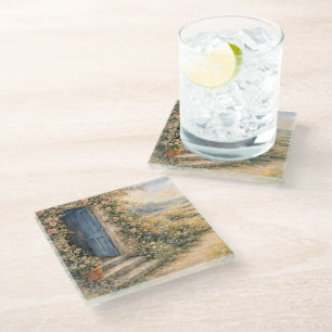 Cottage Garden Blue Door Floral Path Scene Glass Coaster