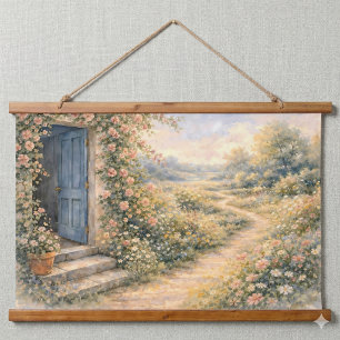 Cottage Garden Blue Door Floral Path Scene Hanging Tapestry