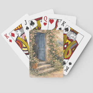 Cottage Garden Blue Door Floral Path Scene Playing Cards