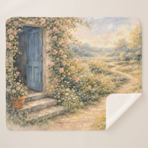 Cottage Garden Blue Door Floral Path Scene Sherpa Blanket