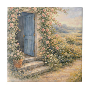 Cottage Garden Blue Door Floral Path Scene Tile